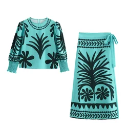 PB&ZA2024 Summer New Women's Fashionable and Casual Versatile Round Neck Printed Top with Strap Decoration Half Skirt Set