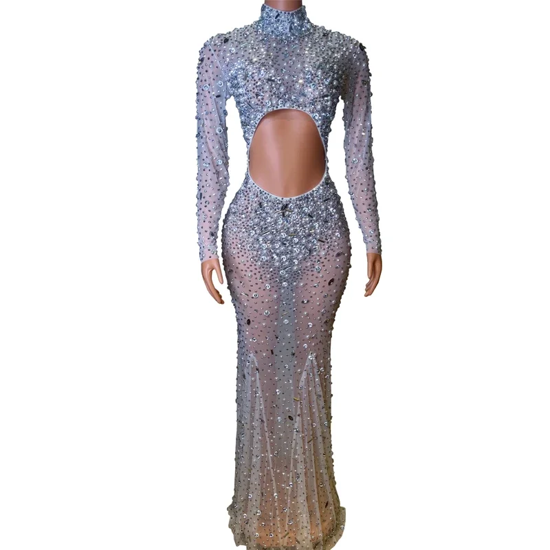 ชุดเดรสผู้หญิงประดับเพชรเต็มตัว ดีไซน์เซ็กซี่ ผ้าตาข่ายโปร่ง ชุดนักร้องหญิง ชุดแสดงบนเวที ชุดเทศกาล รุ่น XS6721