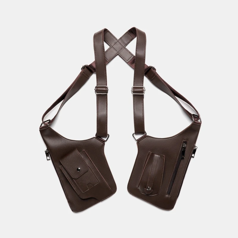 Retro Doppelschulterriemen Taktische Tasche Multi-Taschen Diebstahlsicher Wasserdicht PU Outdoor Reise Wandern Brusttasche für Männer Täglicher Gebrauch – Detail 7