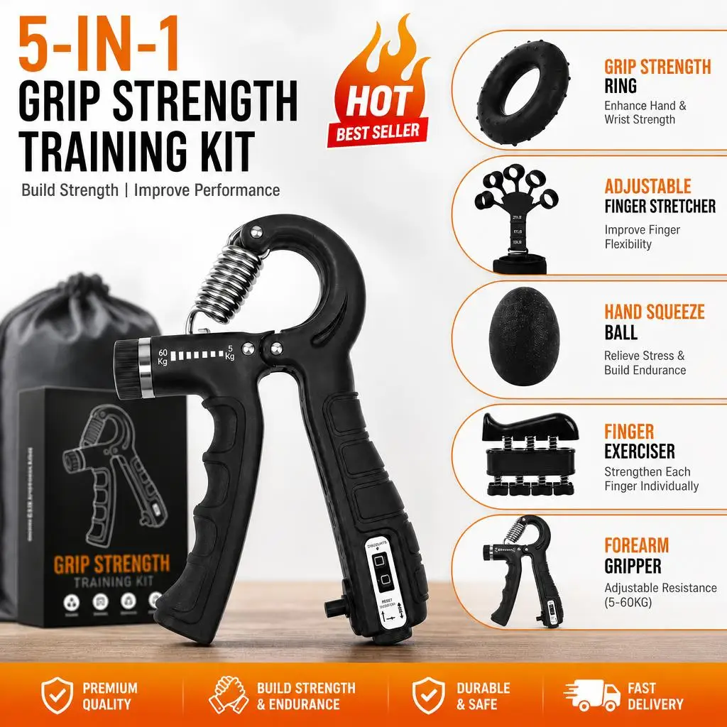 Professional Grip Strength Trainer Set with Mechanical Counter, Includes Finger Exerciser, Unisex, Ideal for Muscle Building, Hand Injury Recovery, and Rehabilitation Training.