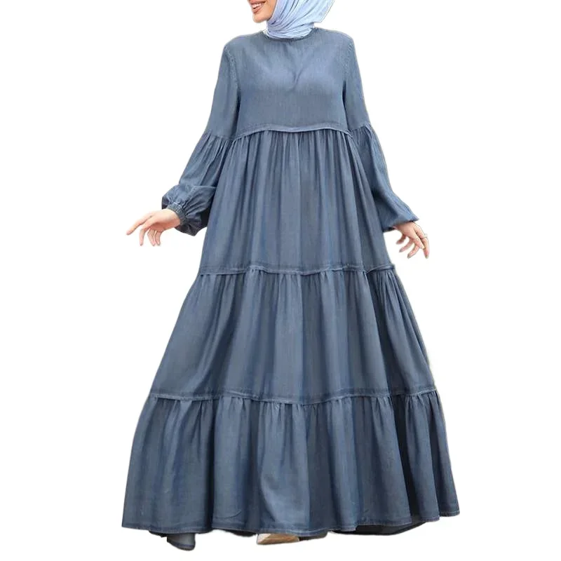 Islam Ramadan Abaya Sundress Women's Ruffled Abayas for Women Casual Loose Round Neck Long Sleeve Ladies Dress