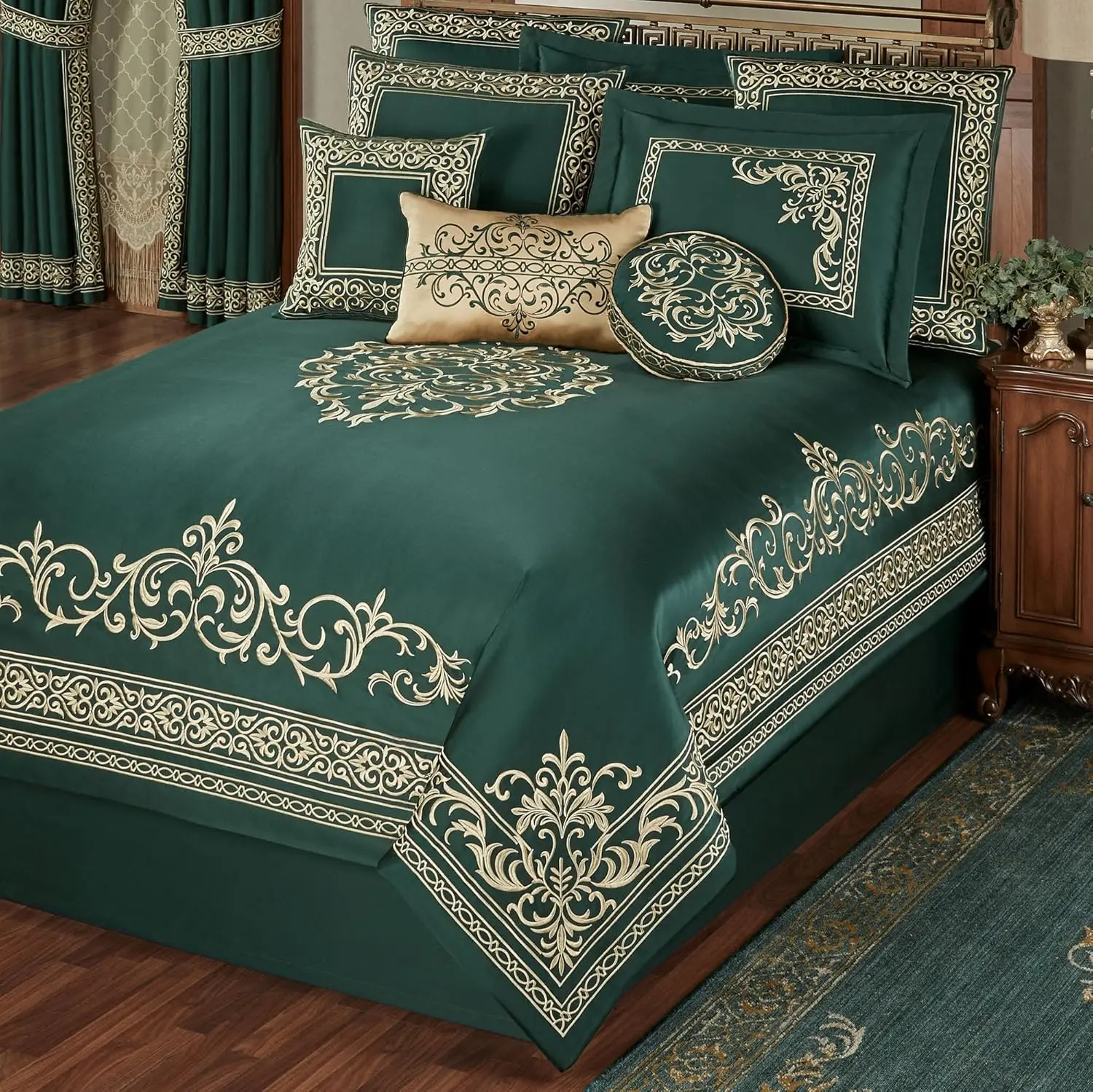 Touch Of Class Balmoral Luxury Bedding | Emerald Green | Palace-Inspired Golden Scrollwork Embroidery On Sateen 7 Piece Set