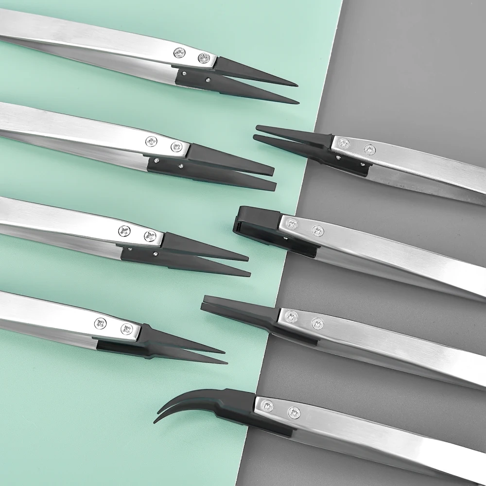 1Pc Anti-Static High Quality ESD Tweezers Replaceable Tweezers Tips Stainless Steel Body Carbon Fiber Conductive Plastic Tweezer