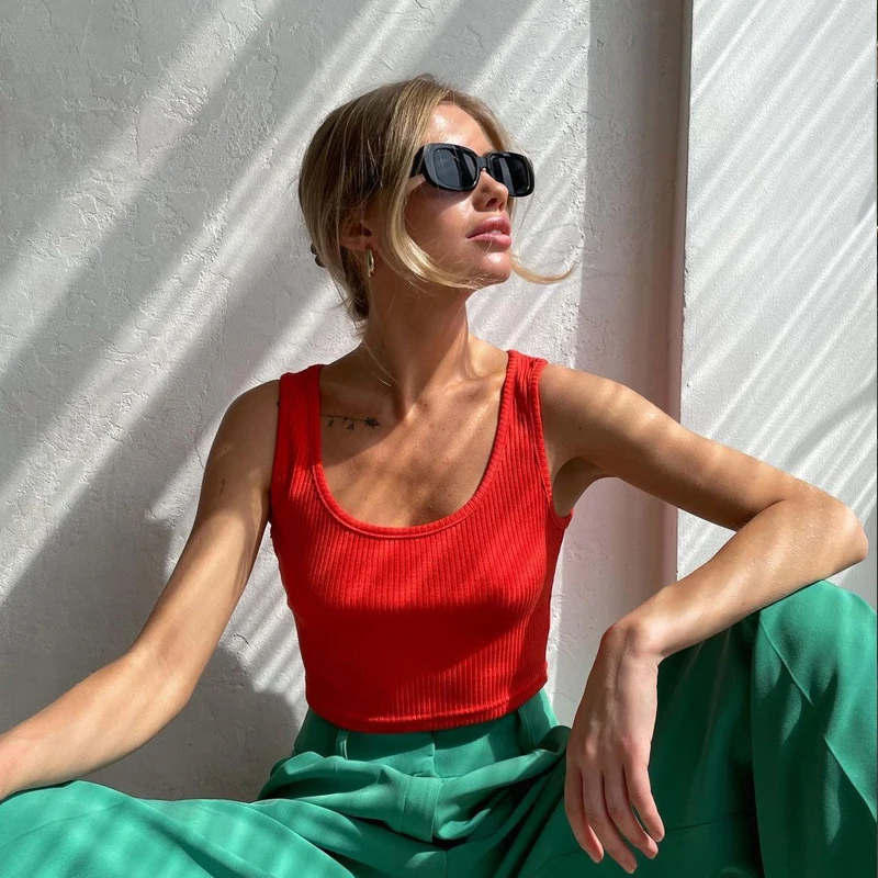 Summer Basic  Color  Vest American Short Style Belly Show Slim Fit Knitted Top Women Street Style Novelty Polyester