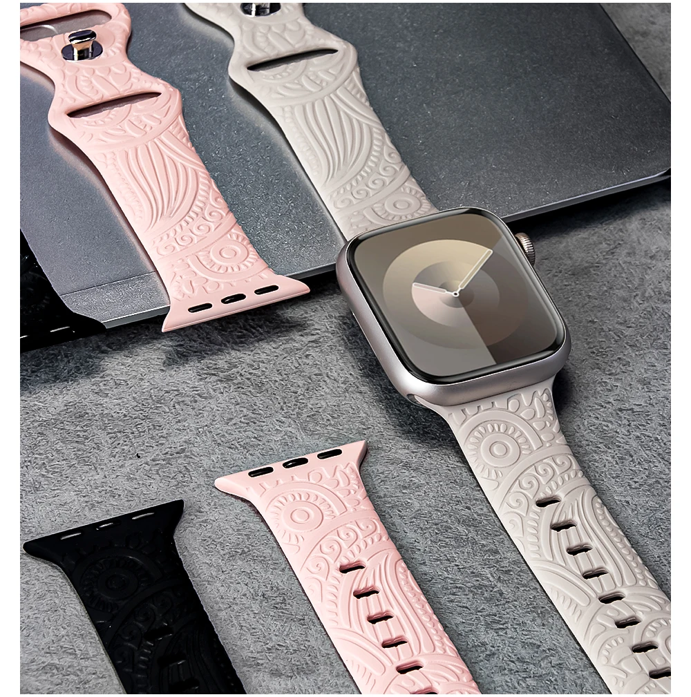 Hot Engraved Pattern Silicone Band For Apple Watch 49mm 45mm 44mm 40mm 41mm Sport Loop Strap For Iwatch Series 9 8 Ultra 7 6 5 4