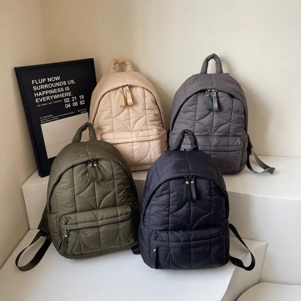 Solid Color Padded Coat Backpack Cloud Nylon Space Cotton Shoulder Bag Large Capacity Pleated Student Schoolbag Teenagers