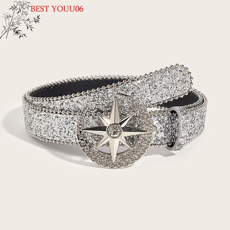 

Модный ремень с пряжкой из страз для женщин и мужчин, стиль Y2K, блестящий, с пайетками, металлическая пряжка, пояс из блестящей искусственной кожи.