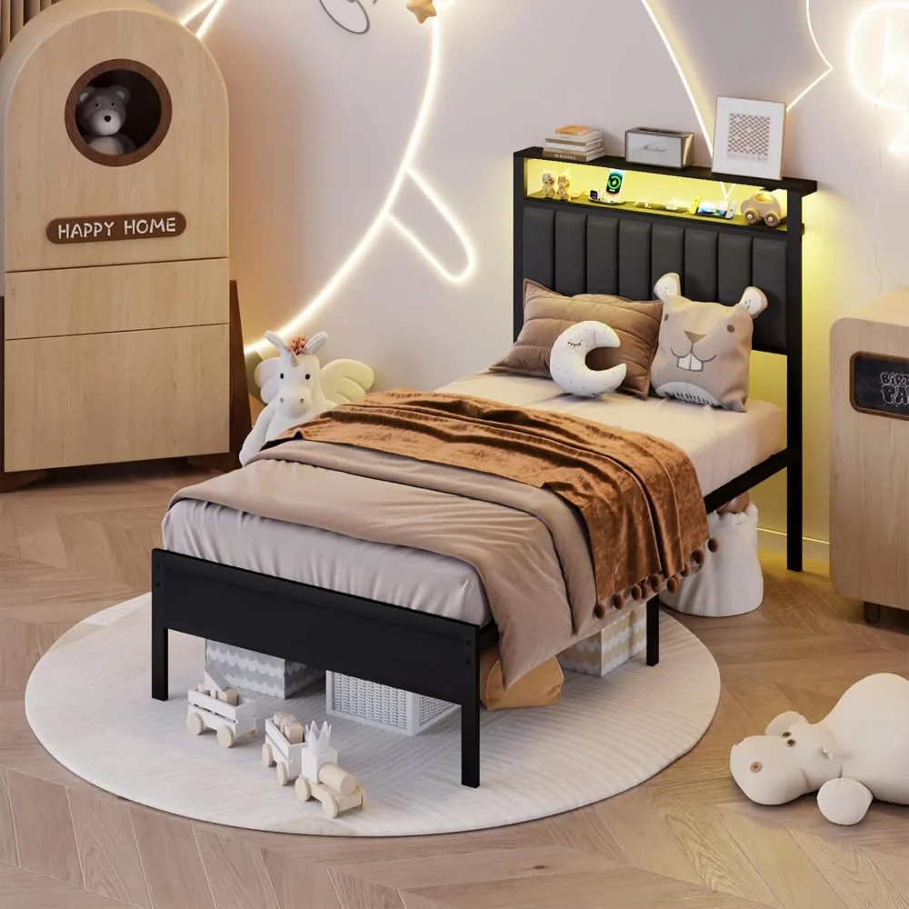 LED Queen Size Bed Frame with Charging Station&2-Tier Storage Shelves, Metal Slat&Upholstered Headboard, No Box Spring Needed image 4