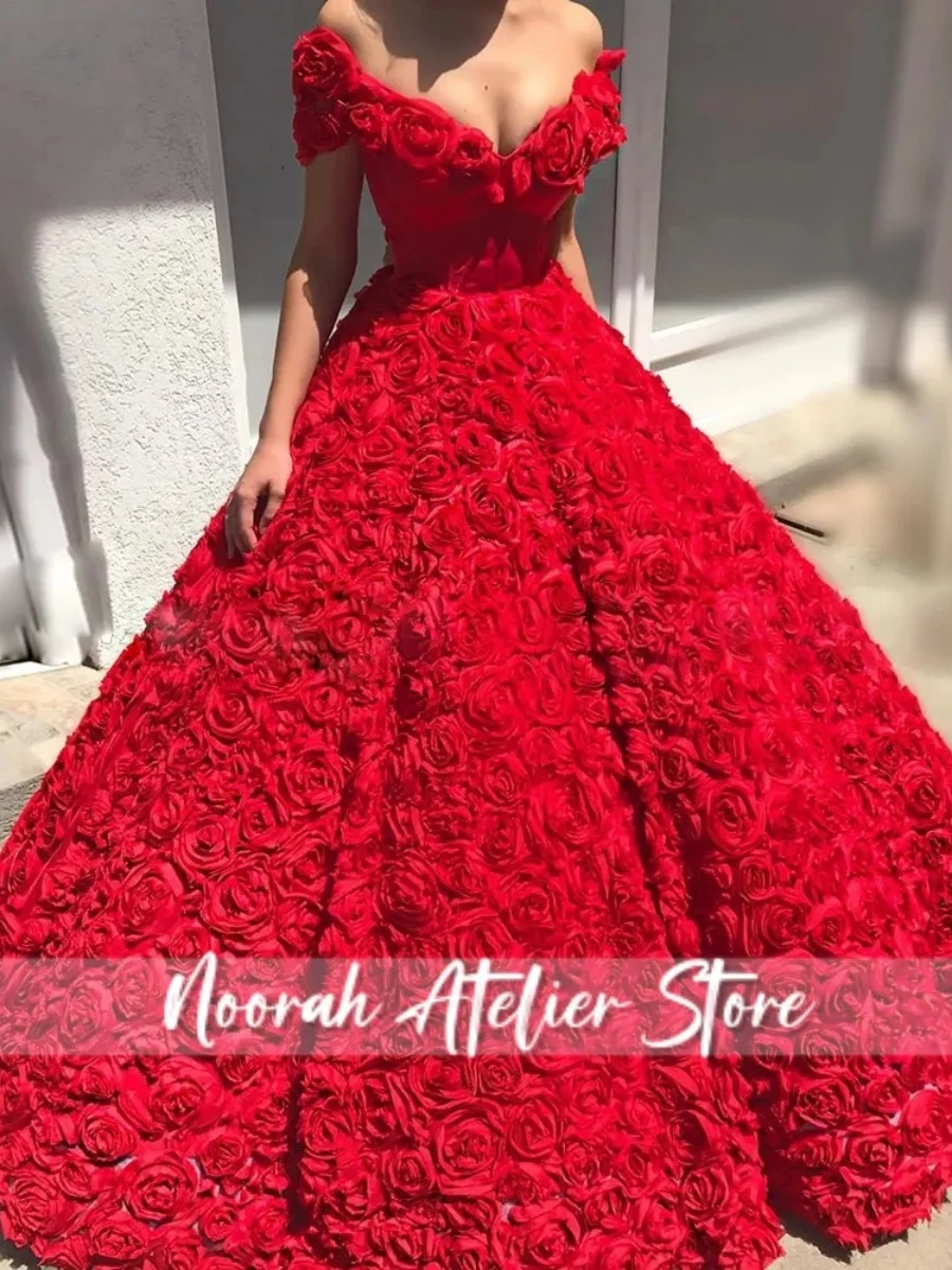 Abiti da sera arabi sexy con fiori rossi rosa con spalle scoperte Abiti da sposa linea A Dubai Abiti formali senza spalline 2025 personalizzati