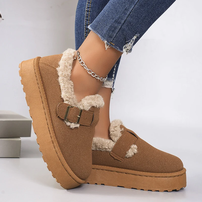 Inverno Addensato Peluche Appartamenti per Le Donne 2024 Marrone Pelliccia Sintetica Caldo Antiscivolo Scarpe Casual Donna Fahion Fibbia Tacco