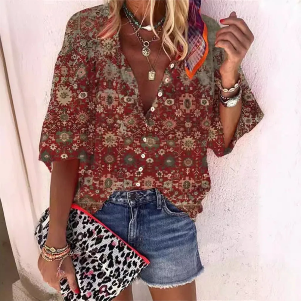 Ethnic Style Printed Cardigan Blouse 2024 Popular Fashion Autumn Women's Stand Up Collar Loose Button Retro Printed Casual Shirt