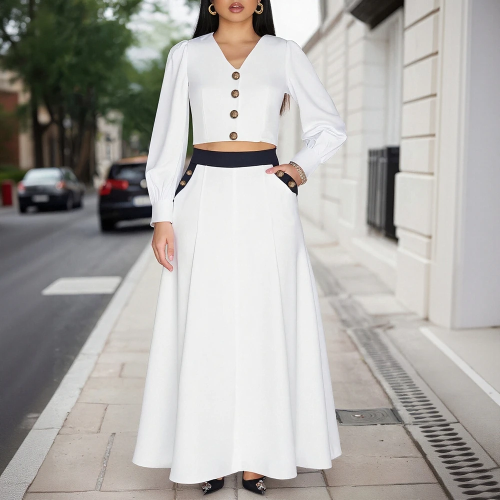 Elegantes Maxirock-Set für Damen, langärmelig, V-Ausschnitt, A-Linie, schickes, schlichtes Pendel-Outfit, geknöpft, Herbst und Winter
