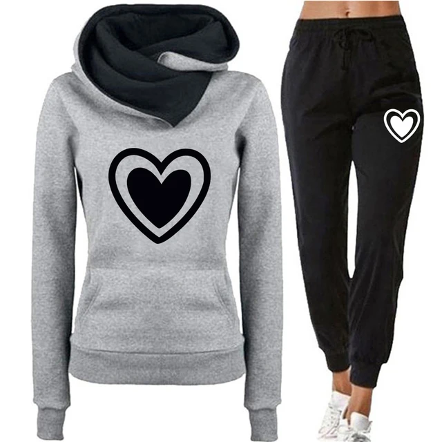 Autumn Winter Women Tracksuit Love Heart Printed Hoodies and Sweatpants 2 Pieces Set Casual Streetwear Female Outfits 3XL