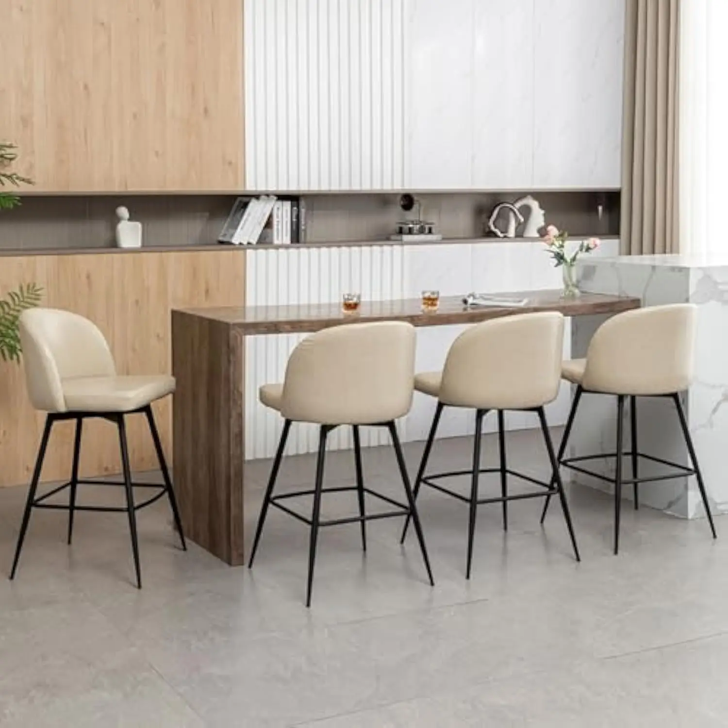 

Leather Bar Stools Set of 4, 27 英寸 Modern Counter Height Bar Stools with Woven Back, 360 ° Swivel Bar Stools for Kitchen Islan