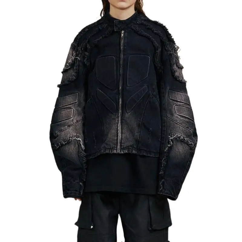 

Wasteland Style Woman's Clothes 3D Cut Techwear Worn Out To Make An Old Washed Shoulder Pad Silhouette Denim Jacket Coat