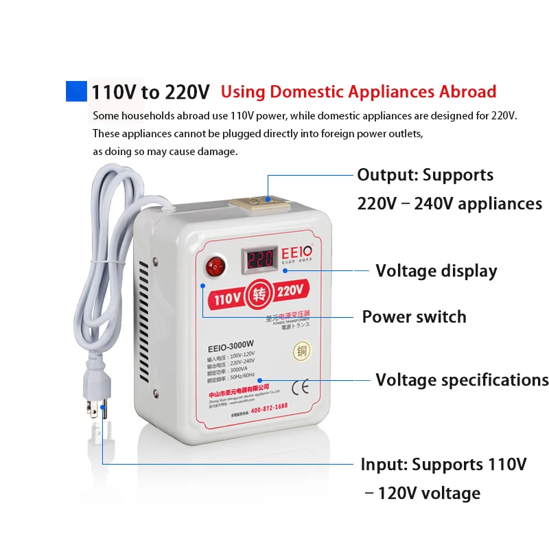 DIY 2000W 3000W Toroidal Transformer 220V to 110V Voltage Converter for Overseas Appliances with Display Screen for Domestic Use