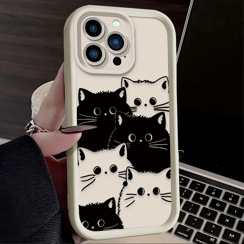 Bonita funda de silicona suave para iPhone, protector de pantalla completa con gato blanco y negro para iPhone 16, 15, 14, 13, 12, 11 Pro Max, X, XS, X, S Max, XR, SE 2020, 7, 8 Plus