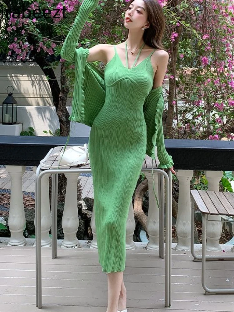 

Vintage Knit Two-Piece Set Off-Shoulder Racerback Tank Dress with Ribbed Trim V-Neck Cardigan Boho Style for Casual/Party
