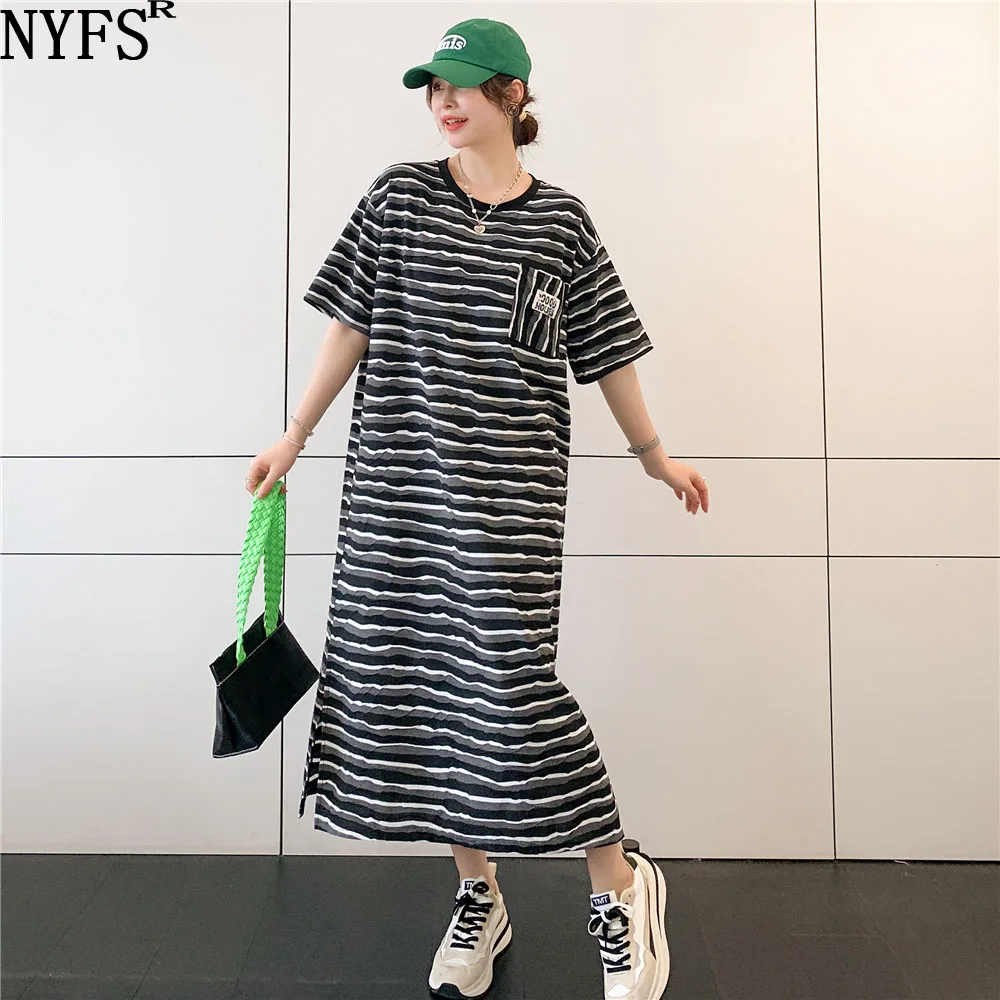 

NYFS 2023 Summer New Korea Woman Dress Vestidos Robe Elbise Loose Regular Cotton Stripe Pockets Long Dresses