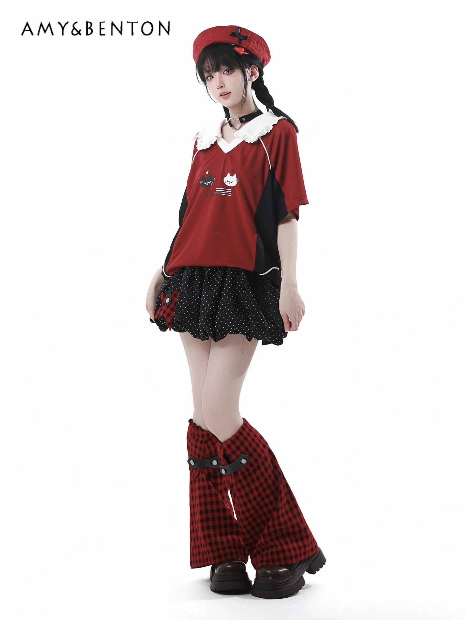 Verão doce menina bolinhas impressão roupas casuais bonito gola de boneca emenda cor de manga curta topo tutu saia conjunto de duas peças