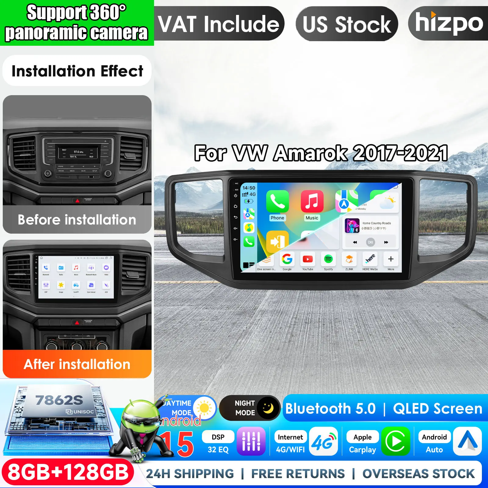 Hizpo 9 inch Android 15 Video Player for Volkswagen VW Amarok 1 2016 - 2020 Multimedia Head Unit Car GPS Auto Radio Navigation DVD BT GPS Navigation SWC Bluetooth FM RDS DSP IPS Screen Car Intelligent Systems 4G WiFi Head Unit Mirror Link DAB+ 360 Camera