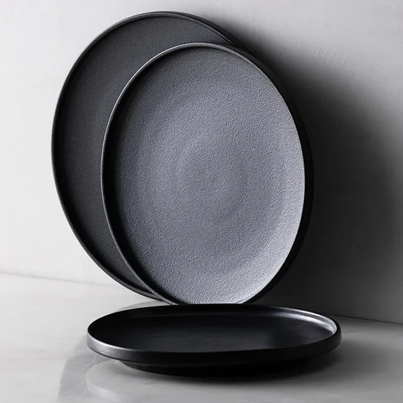 European Western Steak Ceramic Tableware, Afternoon Outdoor Party, Black Frosted Dinner Plate, Family Restaurant Supplies, 1Pc