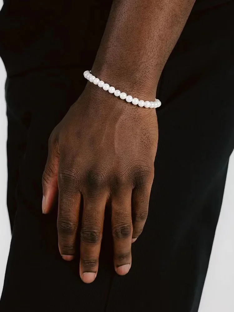 Hip Hop Imitation Pearls Bracelet For Men Vintage White ABS Acrylic Bead Women Bracelet  Rock Simple Street Party Jewelry