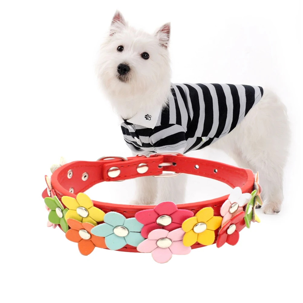 

Red 2.5X37Cm Adjustable Pu Flower Design Dog Cat Puppy Alloy Buckle D Ring Rhinestone Decor Pet Dog Collar Flower Pet