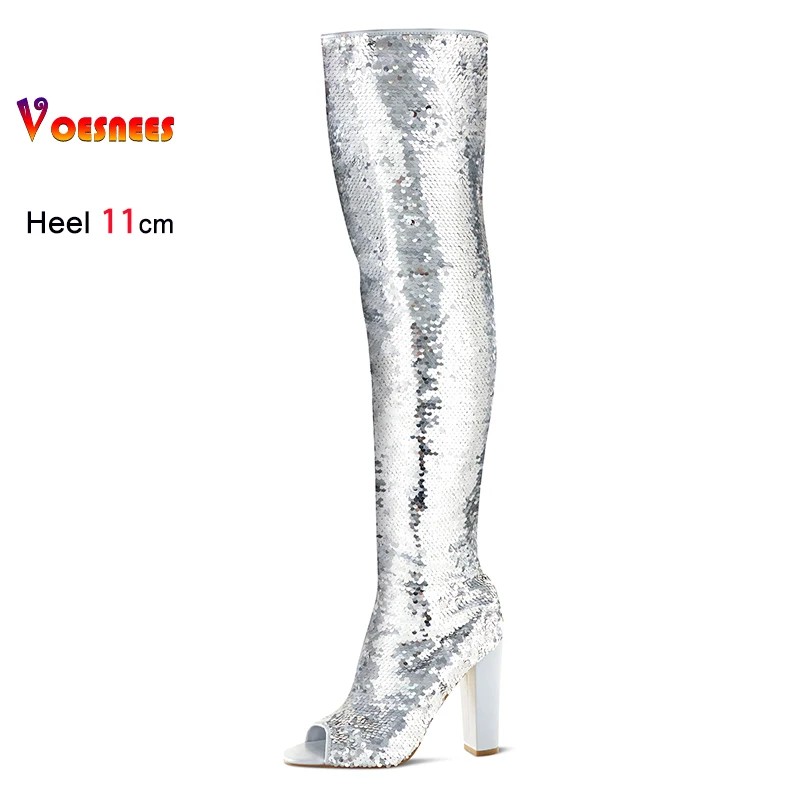 Voesnees Größe 36-43 Damen Peep Toe Stiefel Europa und Amerika T Show Model Oberschenkelhohe Schuhe Overknee 11CM High Heels Pailletten Lange Stiefel 5