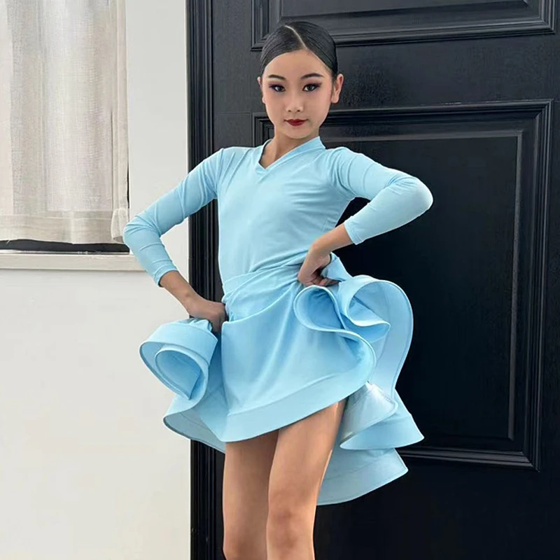 2024 New Girl's Latin Dance Competition Dress Kid's Rumba Dance Fishbone Skirt Set Tango Practice Performance Clothes XH1476