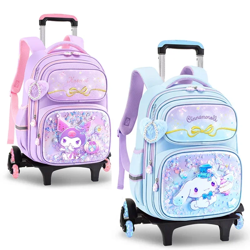 Miniso KT Kuromi Cinnamoroll Girls Trolley Schoolbag Pupil Cartoon Wheeled Backpack Elementary Student 6 Wheels School Bags Gift