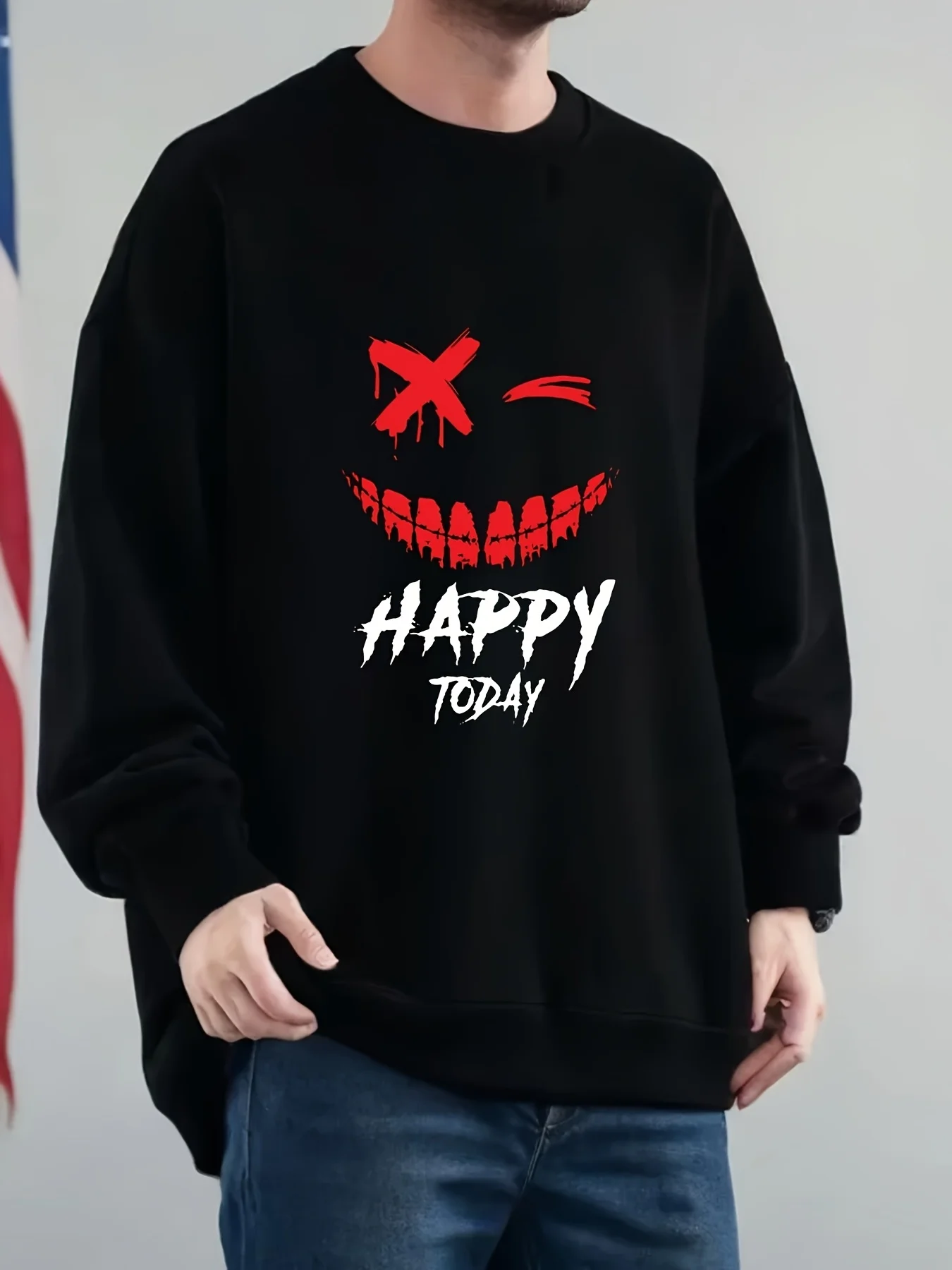 

HAPPY TODAY Мужская спортивная рубашка большого размера с принтом улыбающегося лица и круглым вырезом с заниженными плечами - Крой большого размера