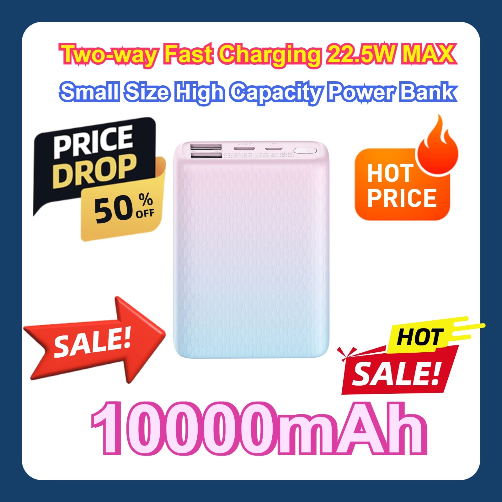 Two-way Fast Charging 22.5W MAX Small Size High Capacity Support Low Current Charging 10000mAh MINI Power Bank