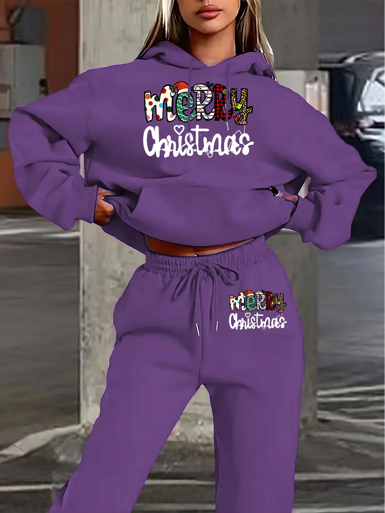 Women New Autumn Winter MERRY Letter Print Fleece‑Lined Hooded Sweatshirt Two‑Piece Set Casual Tracksuit For Ladies Daily Wear