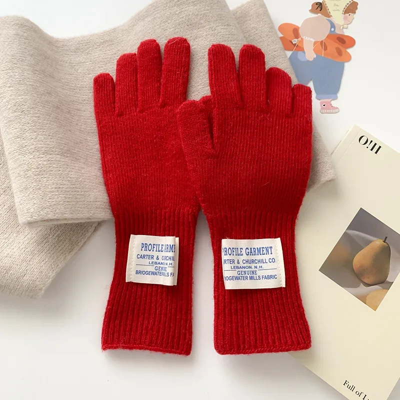 Шерстяные зимние женские вязаные перчатки, осенние теплые перчатки для рук с утолщенной подкладкой, варежки с пальцами, лыжные однотонные перчатки для женщин