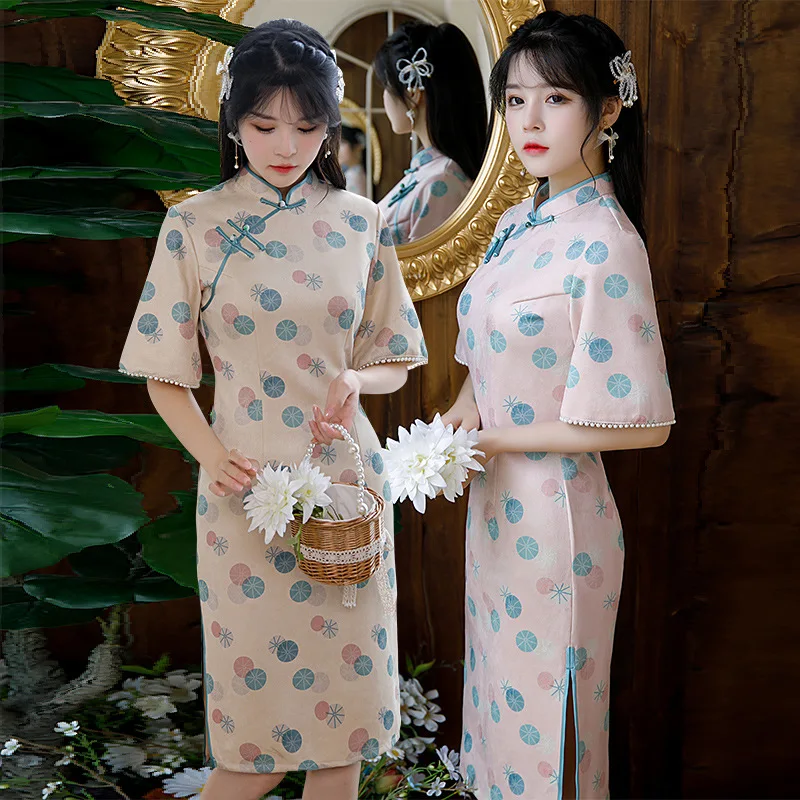 

Modern Girls Cheongsam 2023 Years New Young Retro Style Mid-length Suede Improved Qipao Dress Ao Dai Vietnam for Women