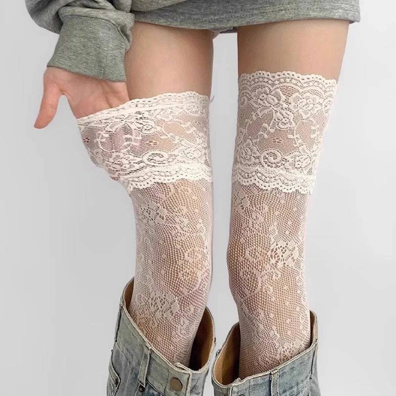 Damen JK Overknee-Socken, Sexy Spitzenbesetzte Nylon-Netzstrümpfe Retro Blumenmuster Süße Atmungsaktive Hochgeschnittene Lange Strümpfe