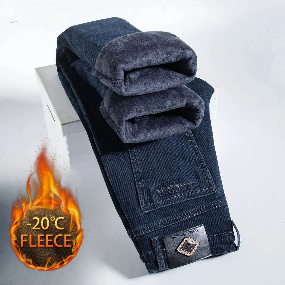 

2025 Autumn Winter New High Elasticity Men's Business Jeans Haze Blue Black Gray Denim Trousers Men's Pants Work Clothes Brand