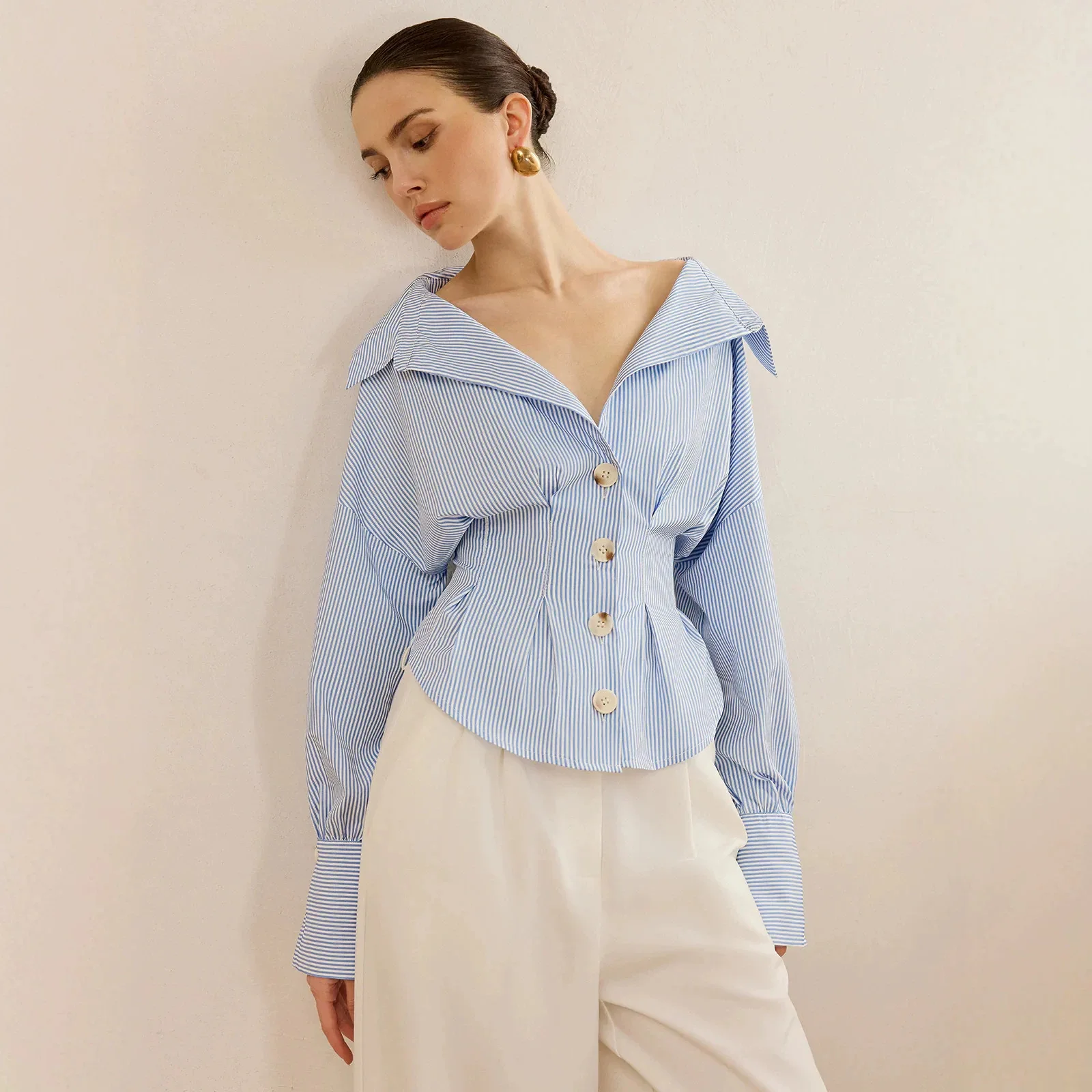 European And American 2026 Autumn Women's Fashion Commuting Elegant Turn-Down Collar Striped Slimming Versatile Long-Sleeve