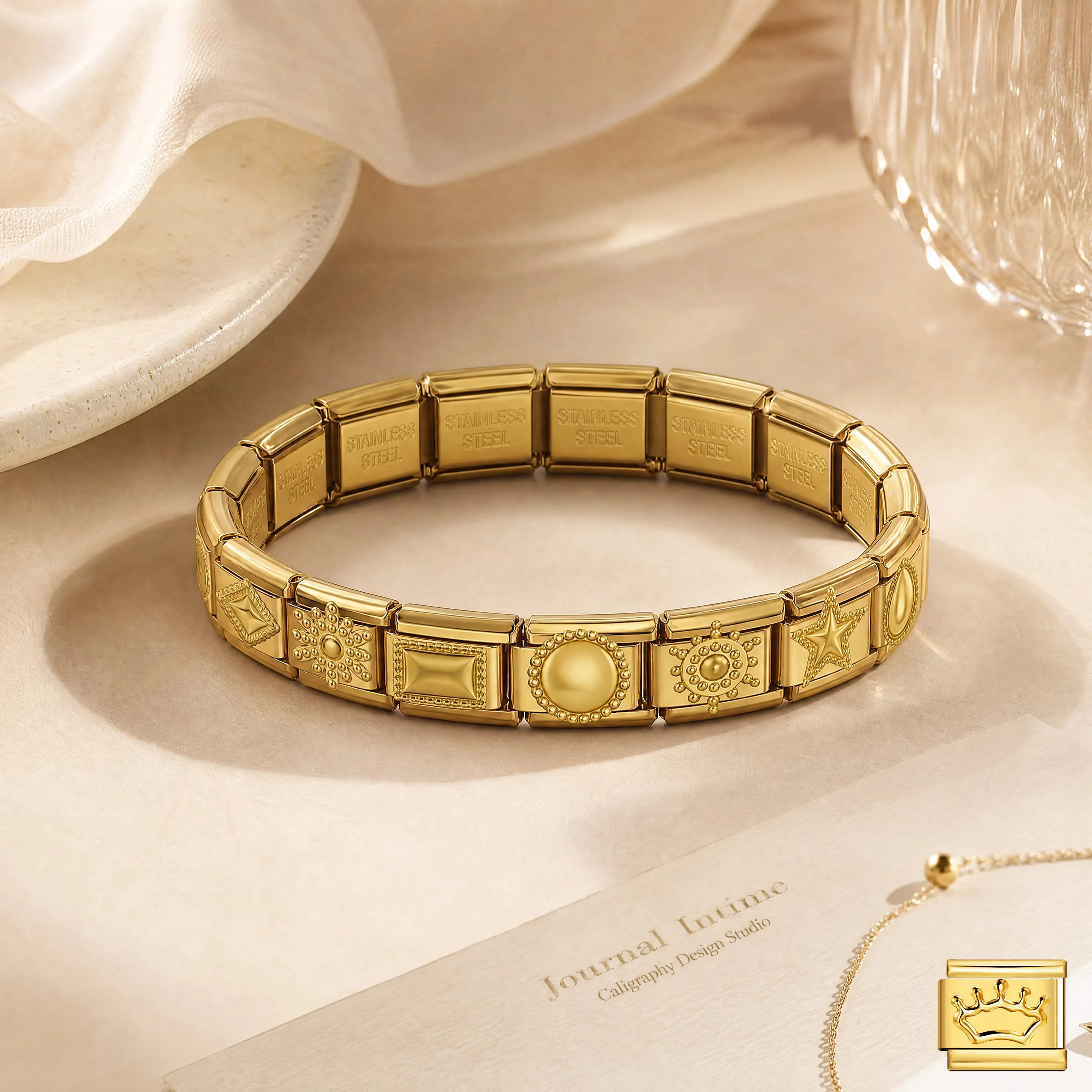 Gold Color Retro Geometric Sun Star Crown Italian Charm Link Fit 9mm Bracelet Make DIY Bead Stainless Steel Jewelry Accessories