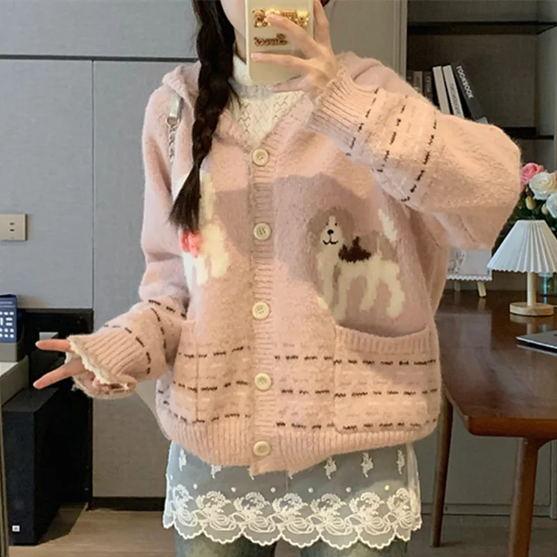 

Sweet Pink Knitted Cardigan for Women Cute Cartoon Dogs Hooded Cardigan Woman Autumn Winter Single Breasted Sweater Coats Mujer