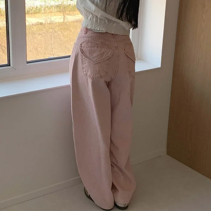 

Ice Cream Color Pocket Heart Shaped High Waist Buttoned Denim Jeans Casual Style Women's Premium Quality Cotton 100% Loose Fit