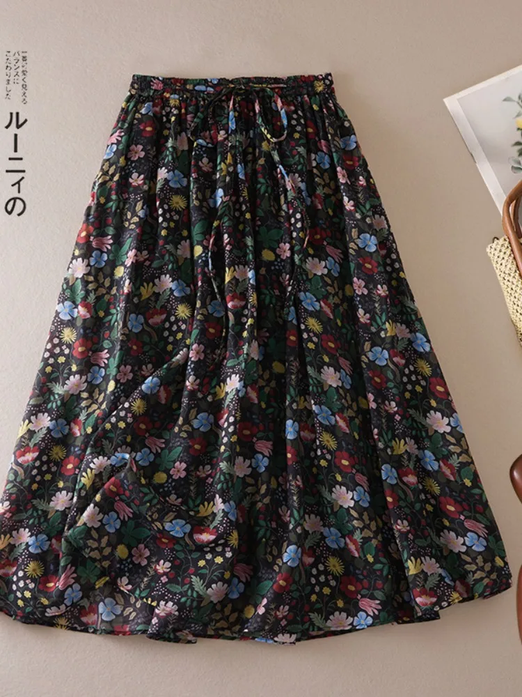Retro Silk Print Double Layer Cotton Linen High Waist A-Line Midi Skirt Women Spring Large Swing Long Skirt Loose Fit Gauze