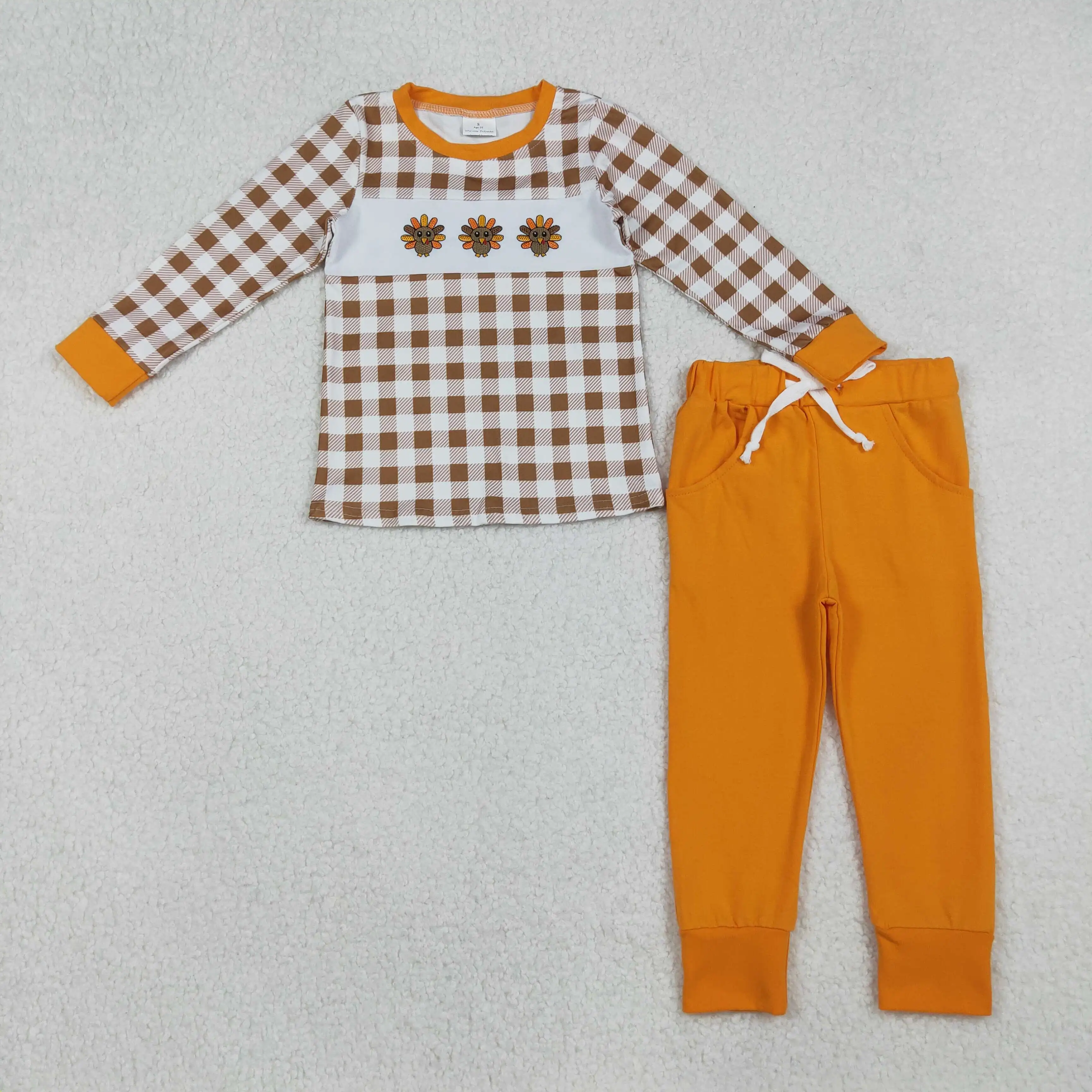 

10.1y Boys' Thanksgiving clothing wholesale Embroidered turkey brown plaid long sleeve orange trousers suit