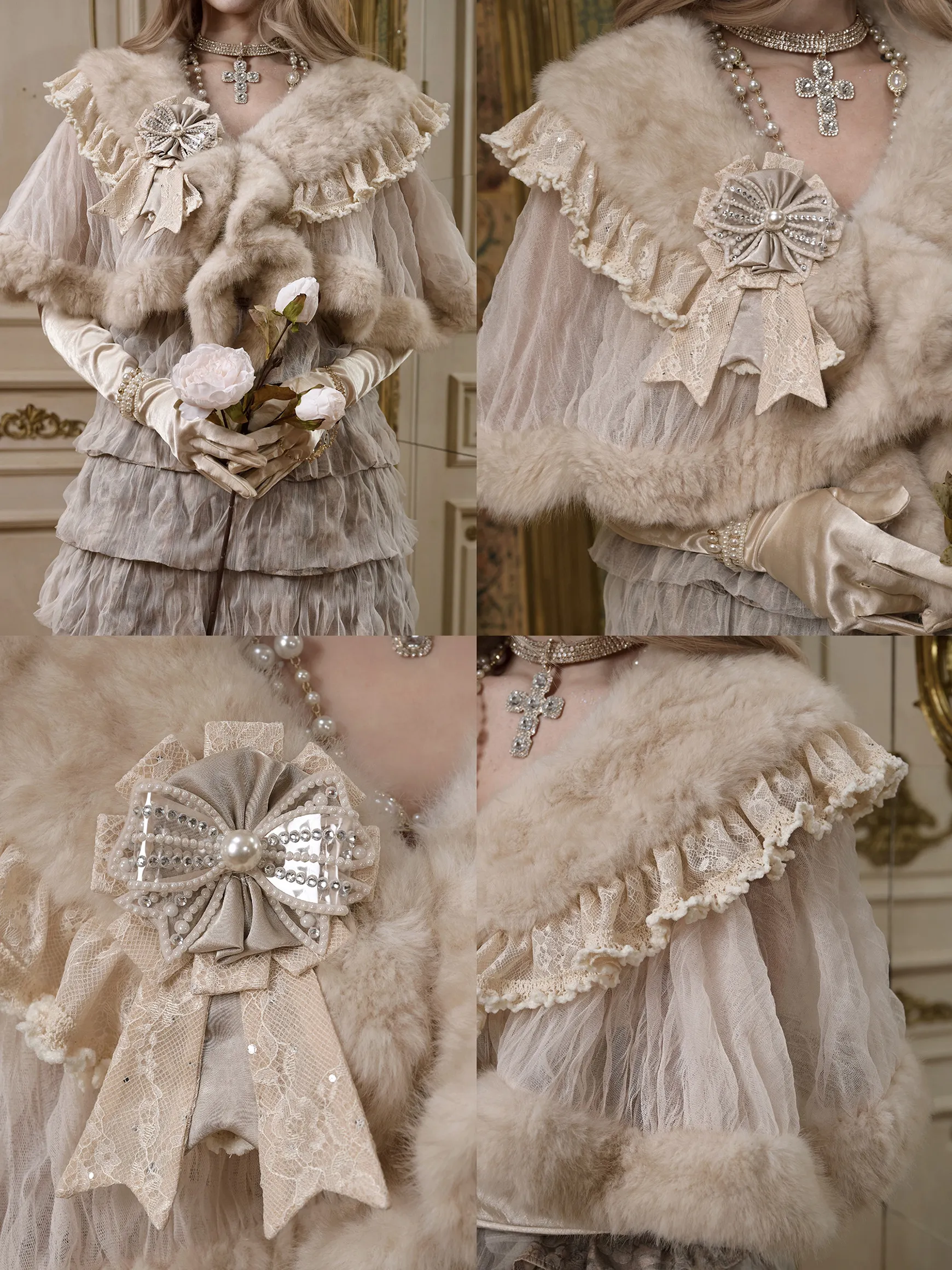 Elegant Lady Japanese Style Original Beige Eco-friendly Shawl Fur Christmas Winter New Thickened Warm Cape Coat