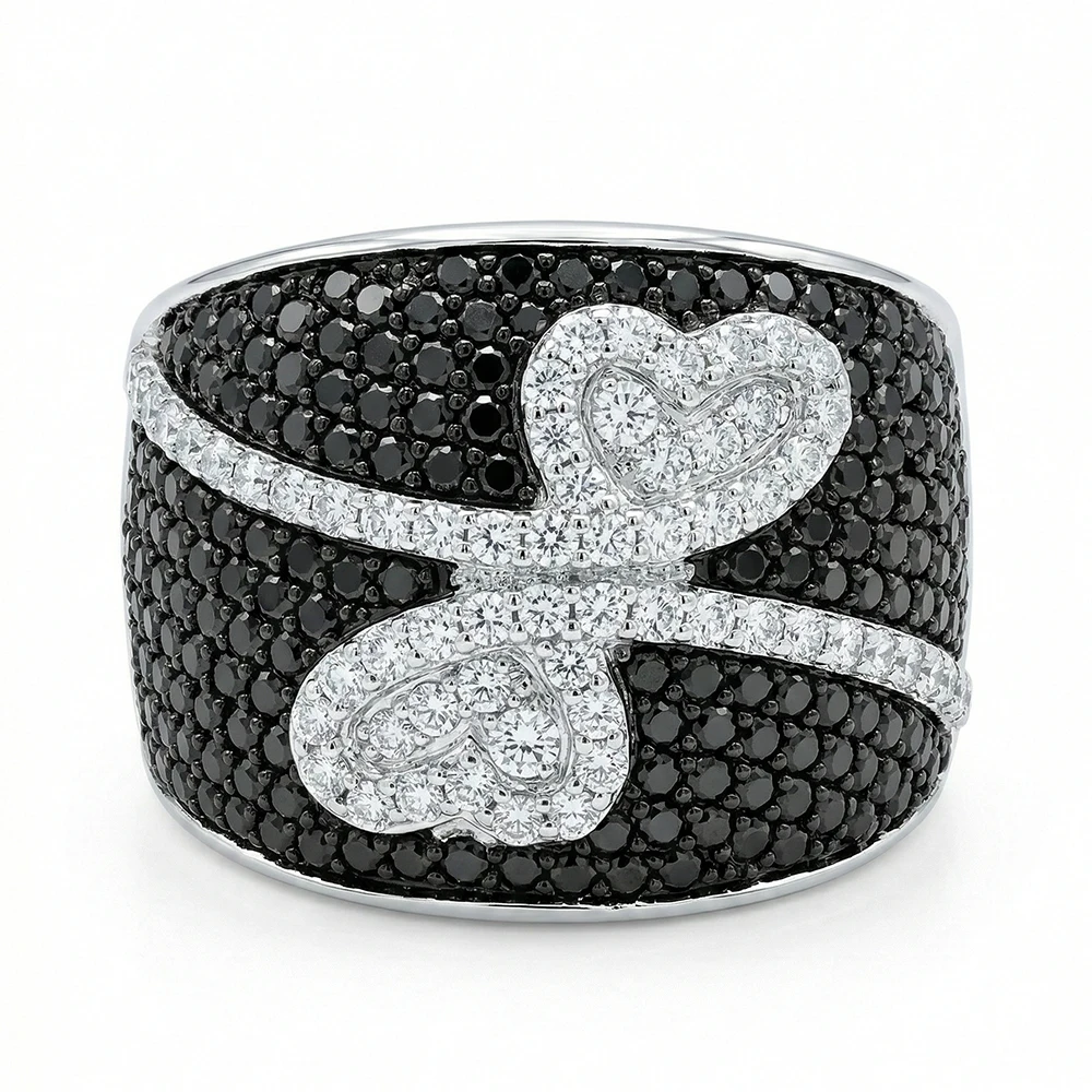 YLMyself Black Heart Ring Bling Jet & White Zircon Wide Band Romantic Women Jewelry Gift