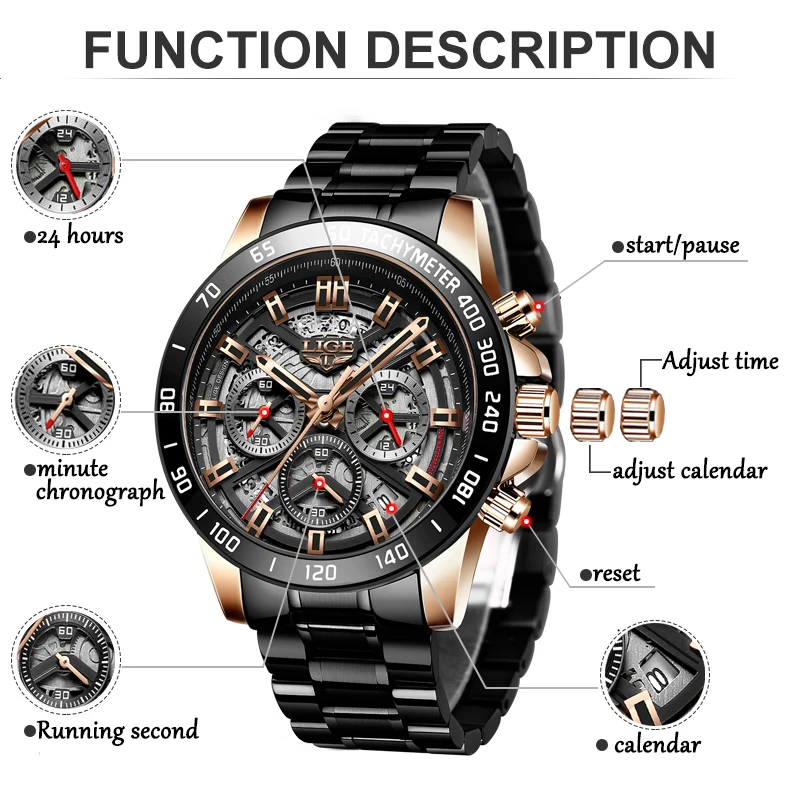 LIGE Mens Watches Top Brand Luxury Fashion Quartz Watch For Men Casual Sports Waterproof Hollow Quartz Chronograph Montre Homme