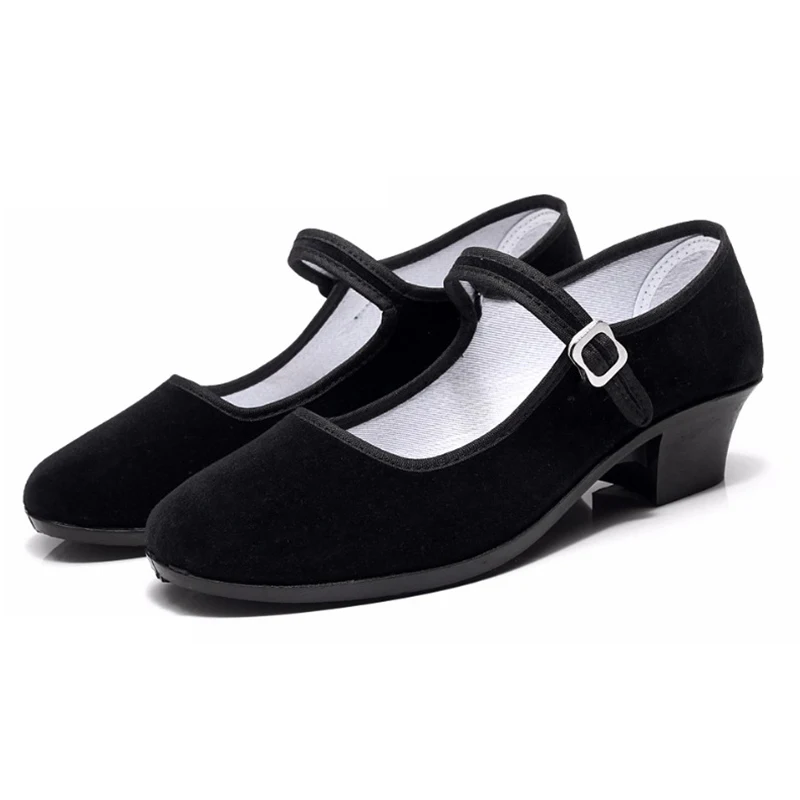 Yangko – chaussures de danse en flanelle pour femmes, noires, résistantes à l\'usure, à talons hauts carrés, pour enseignant, danse folklorique,