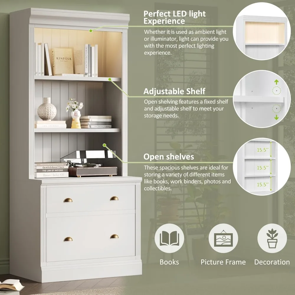 رف كتب حديث طويل القامة بإضاءة LED مع درجين و3 أرفف لتخزين غرفة المعيشة وتنظيم المنزل #6