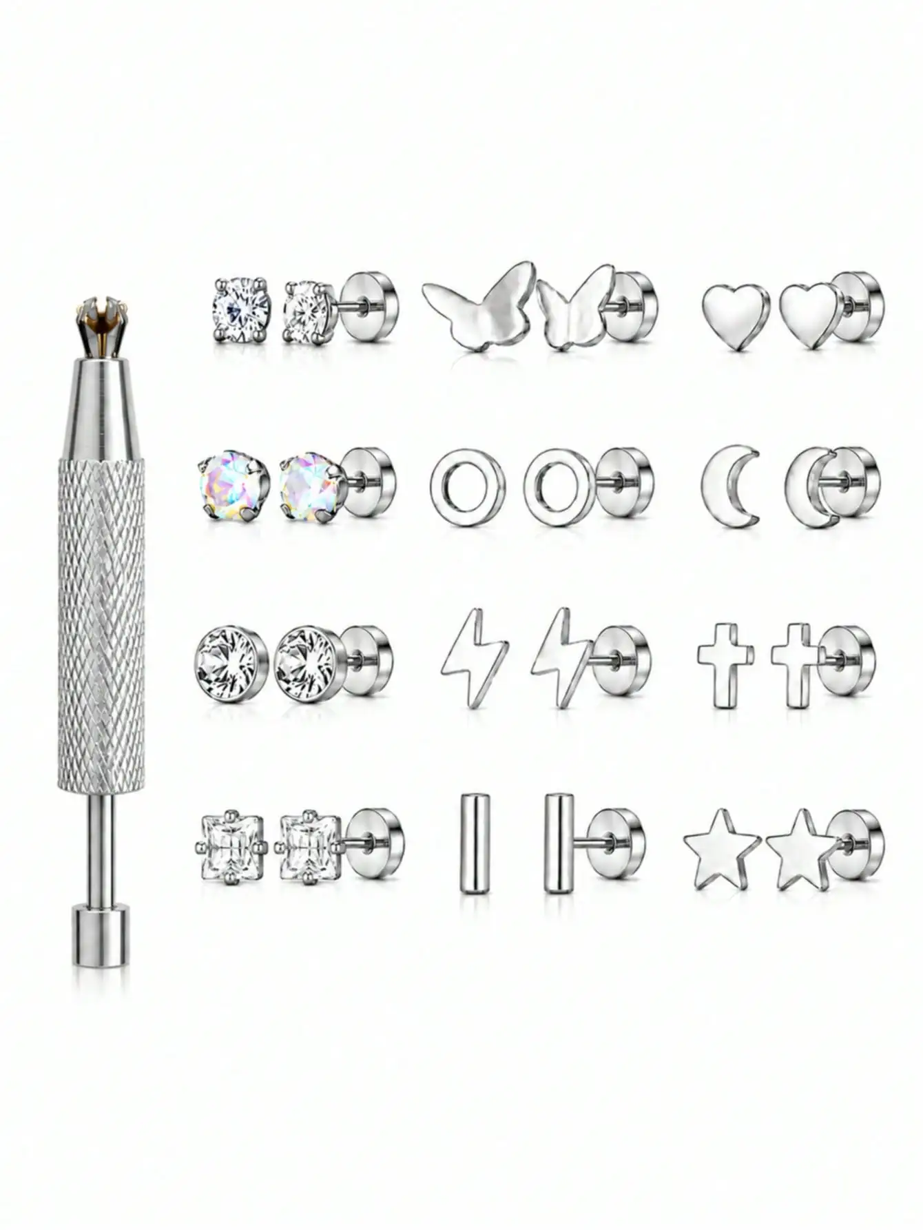 12 Pairs Stainless Steel Stud Earrings Set for Women, Gold Silver Black CZ Heart Star Jewelry for Daily Partyparty earrings